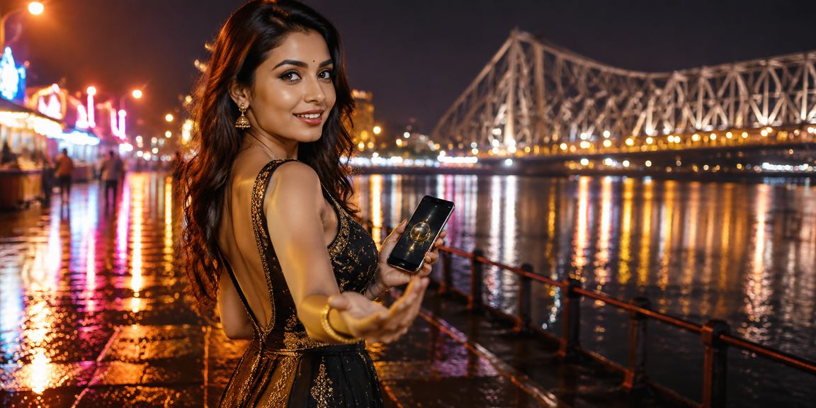 Teen Patti game on a mobile device against Kolkata night market background